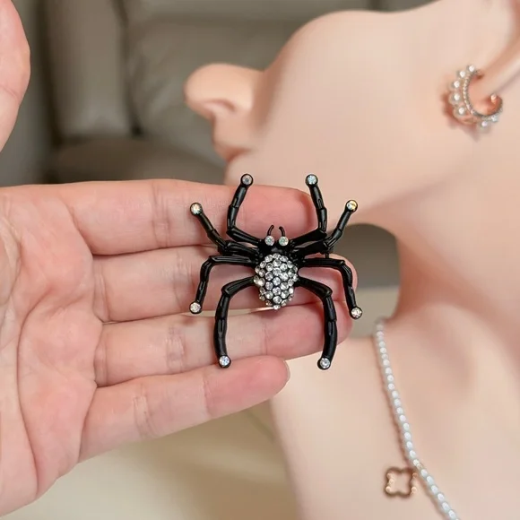 Black Crystal Spider Brooch - Rhinestone Accent - Picture 2 of 5